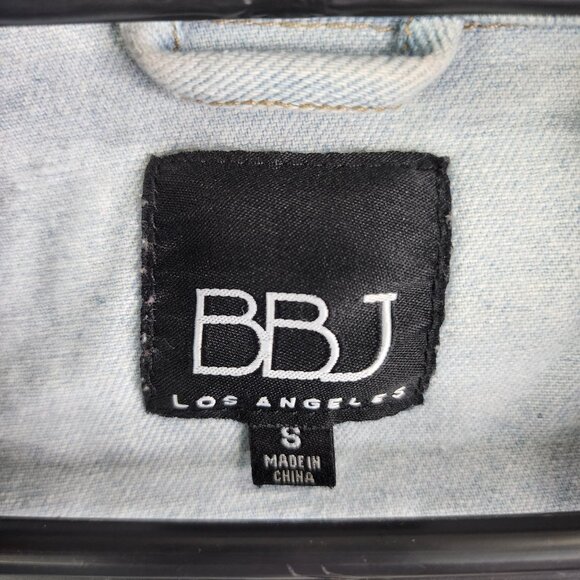 Womens BBJ Distressed Blue Denim Crop Jacket Studded Cuffs Full Zip Size S - Picture 5 of 11